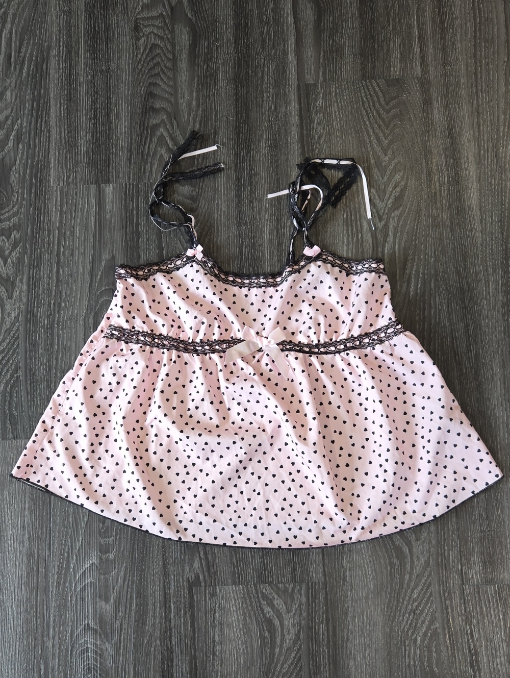 Pink Cami with Black Heart Print and Lace Trim Y2K Size M Medium